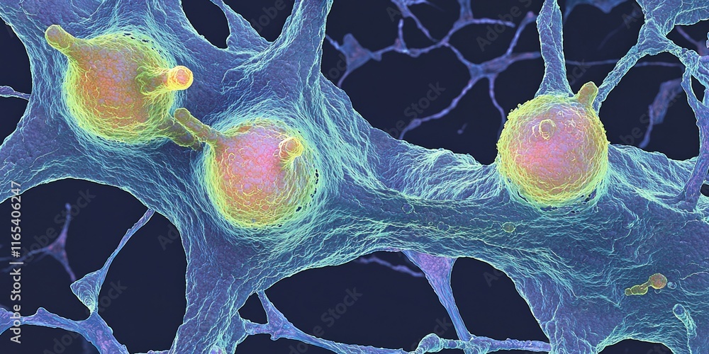 Poster world cancer day research concept. magnified view of colorful neurons and synapses in a neural netwo