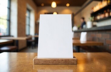 A clean, white sign is resting on a wooden table inside a restaurant