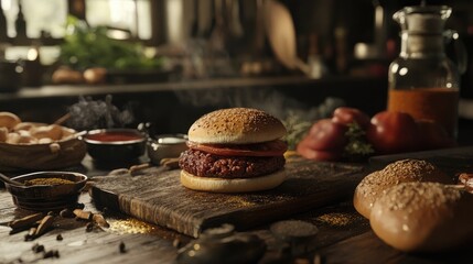 A rustic kitchen scene showcasing a homemade burger preparation, with fresh ingredients laid out, like ground beef, spices, and buns, emphasizing the cooking process.
