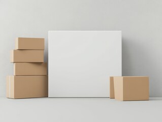 A minimalist display featuring stacked cardboard boxes and a blank canvas for branding.