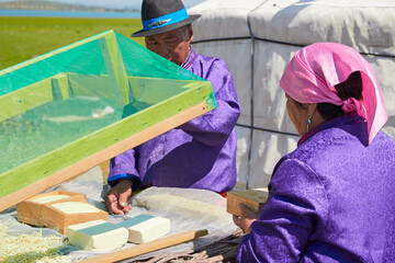 A middle-aged and elderly Mongolian couple drying dairy products outside their yurt