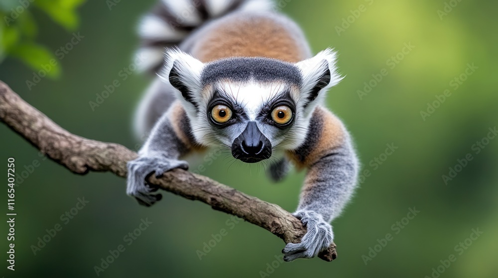 Poster a close-up of a lemur on a branch, showcasing its expressive features.