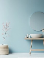 A serene bathroom scene featuring a round mirror, minimalist decor, and a plant.