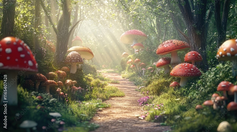 Poster a serene forest path lined with various mushrooms, with soft sunlight filtering through the trees, i