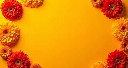 Fototapeta premium Frame of Vibrant Red and Yellow Gerbera Daisies on Bold Orange Background, Minimalist Floral Design 