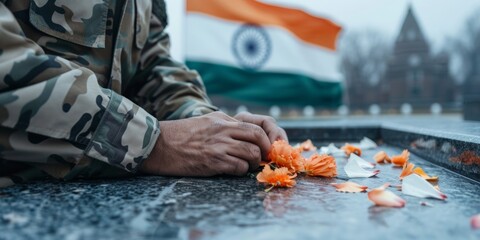 Indian Army Day.Soldier in uniform placing flowers at a memorial, honoring sacrifices made for the nation.