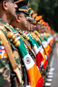 Indian Army Day.Indian soldiers in ceremonial uniforms, aligned in a parade, proudly displaying the national flag.