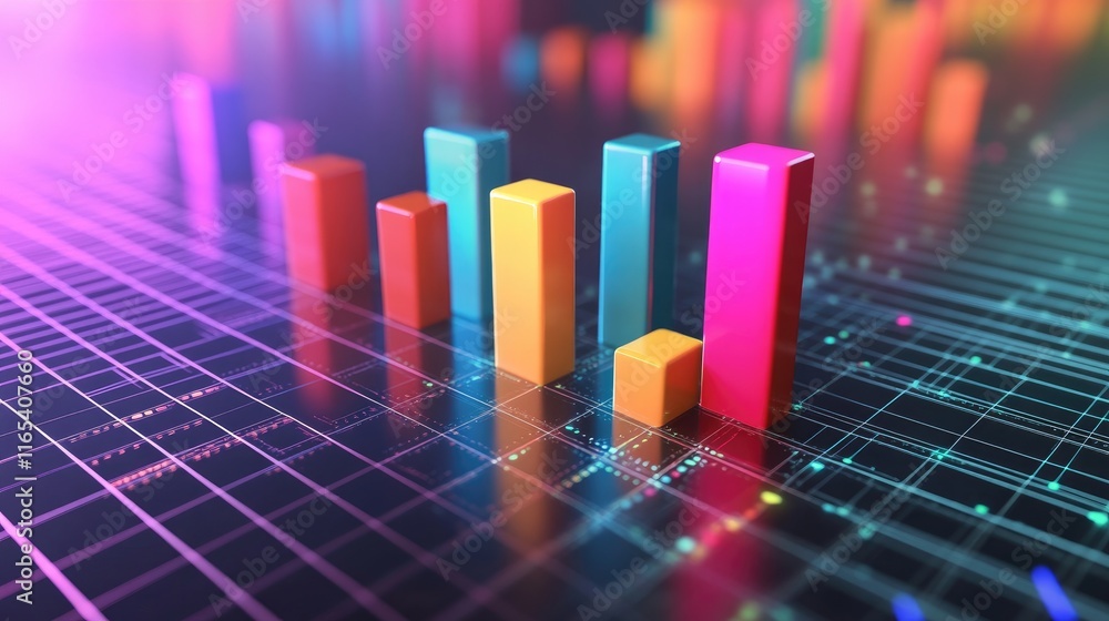 Aufkleber a set of d bar graphs emerging from a grid surface, showing contrasting data trends with vibrant col