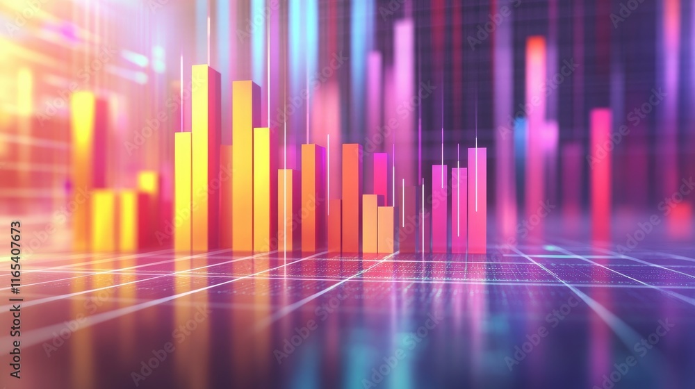 Aufkleber a set of d bar graphs emerging from a grid surface, showing contrasting data trends with vibrant col