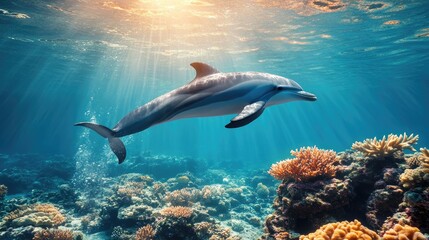 Obraz premium A serene underwater scene showcasing a dolphin swimming among colorful coral reefs, with sunlight filtering through the water, illuminating its sleek body