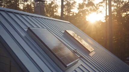 Solar panels on a metal roof at sunset.