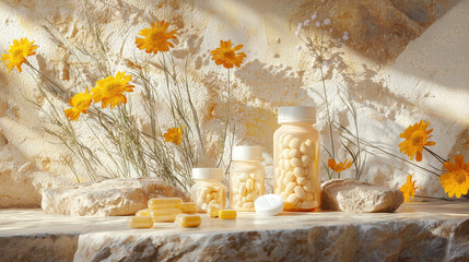 Gluten free supplements with yellow capsules on sunny stone table