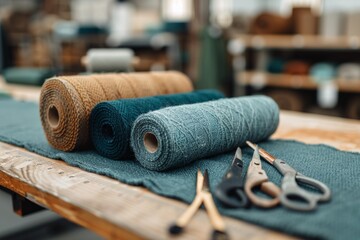 National Hat Day.A detailed shot of a hat makers workspace, showcasing rolls of fabric, a textured blue hat, and scissors on a wooden table.