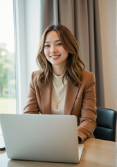 Indonesian woman in trendy 2025 attire, typing on her laptop with a joyful expression in a minimalist home office