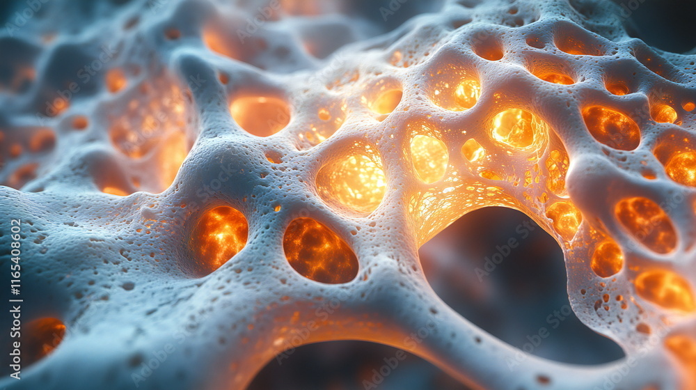 Poster vibrant cellular structure exhibiting luminescence in a close-up view under artificial lighting