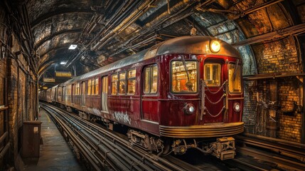 Obraz premium A snapshot of a vintage subway train in a historic tunnel, evoking nostalgia and the charm of public transportation from a bygone era