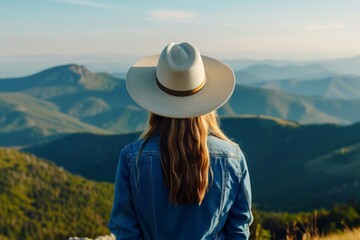 National Hat Day.A serene back view of a woman in a wide-brimmed hat and denim jacket gazing at a stunning mountain range.