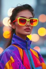 portrait of model in neon sunglasses and vibrant 80s streetwear with glowing city lights blurred behind