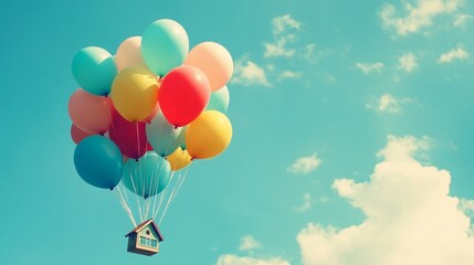 A little house floats on colorful balloons against a bright blue sky. Whimsical and dreamy.