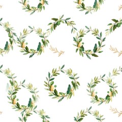 Obraz premium Olive Branch Wreath Seamless Pattern: A delicate and elegant pattern featuring repeating olive branch wreaths, perfect for adding a touch of nature to your designs. 