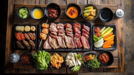 A top-down view of an inviting spread featuring  , with an array of marinated meats, fresh vegetables, and sauces, all beautifully arranged on a rustic wooden table.