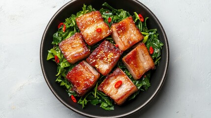 A top-down view of a traditional Thai dish showcasing crispy pork belly on a bed of steamed greens, garnished with chili and lime, against a simple background.