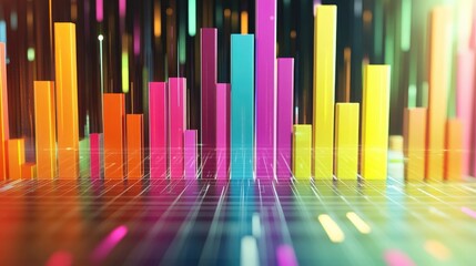 Obraz premium A vibrant D financial bar graph with colorful bars rising from a grid, representing data growth and success. Futuristic digital design on a clean background.