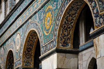 Show the mosaic, artistic and architectural features of the historic Umayyad Mosque, one of the symbols of Syria's capital Damascus © fpolat69