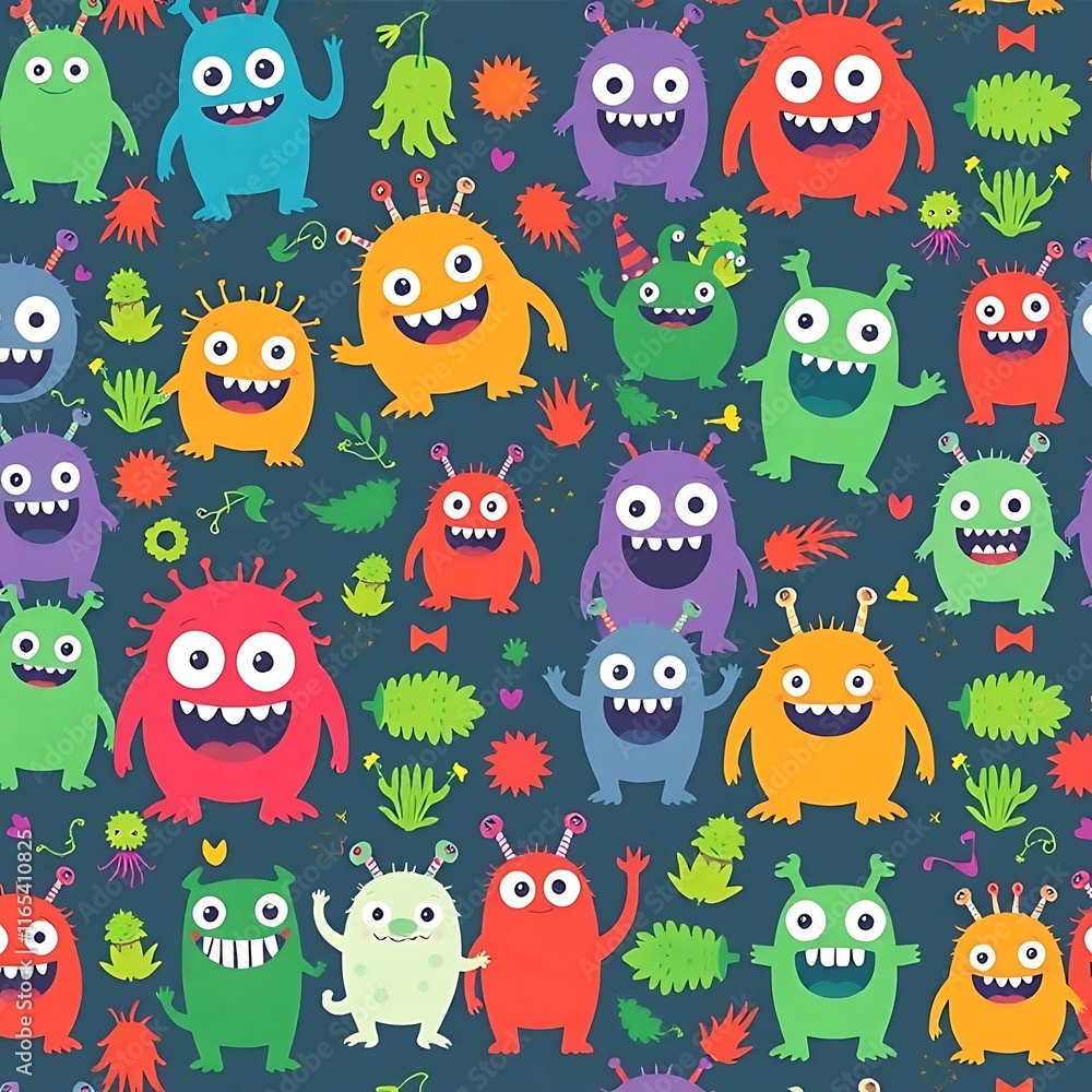 Poster happy monster party: a cheerful and playful seamless pattern featuring an array of adorable cartoon 