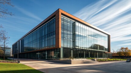 Fototapeta premium Modern glass office building with clear blue sky background