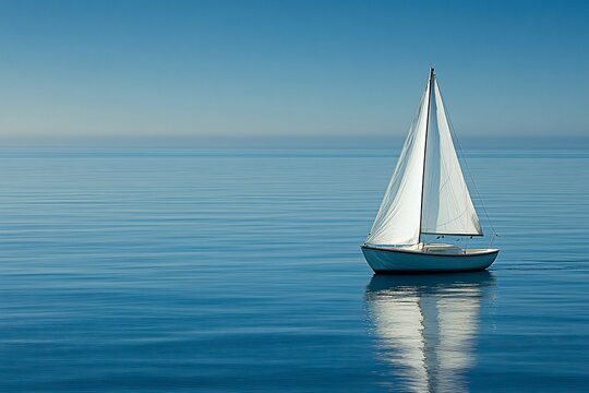 Solitary sailboat on calm blue sea under a clear sky.
