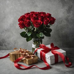 A red rose bouquet and a stack of gifts tied with satin ribbons.