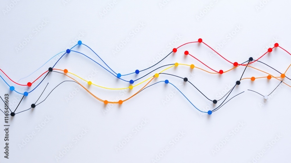 Aufkleber business line graph with multiple colors, curved lines, and data points on a minimalist white backgr