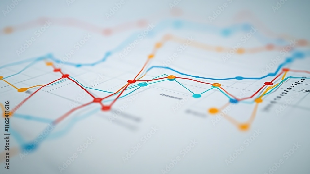 Poster business line graph with multiple colors, curved lines, and data points on a minimalist white backgr