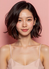 young woman with glowing skin details and perfectly styled wavy hair, seated calmly on a pastel canvas