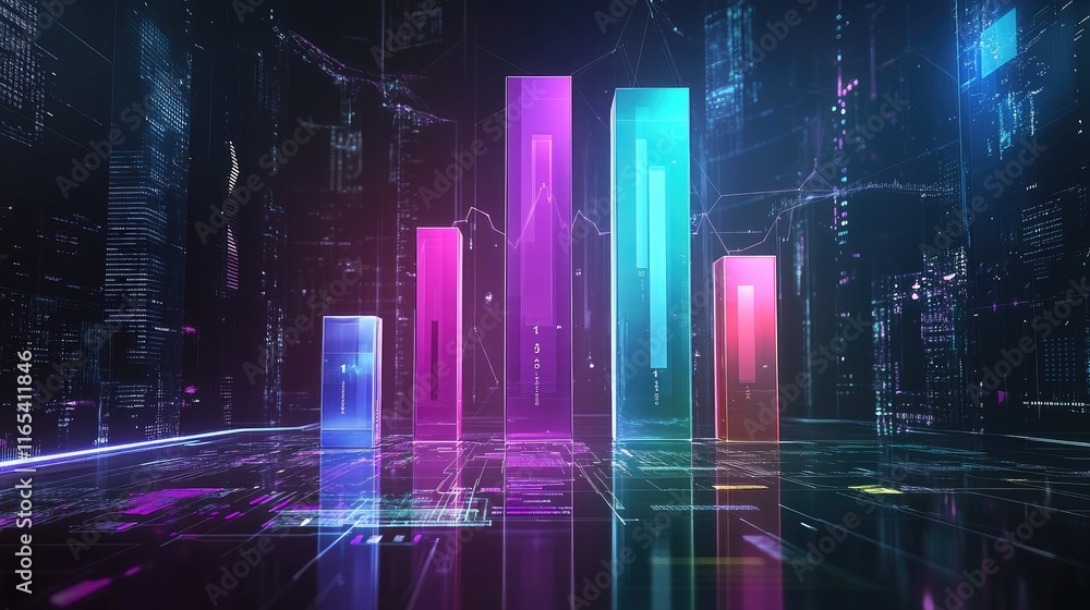 Poster colorful d bar chart representing financial data, with sleek bars in varying heights on a glossy sur
