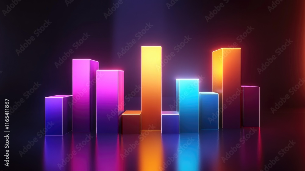 Poster colorful d bar chart representing financial data, with sleek bars in varying heights on a glossy sur
