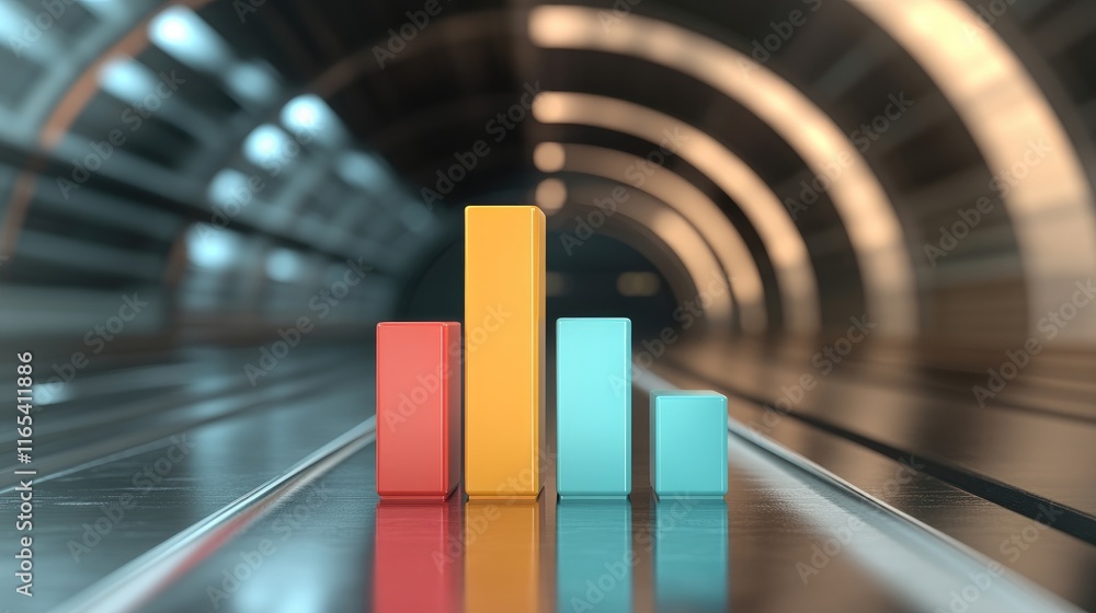 Poster colorful d bar chart representing financial data, with sleek bars in varying heights on a glossy sur