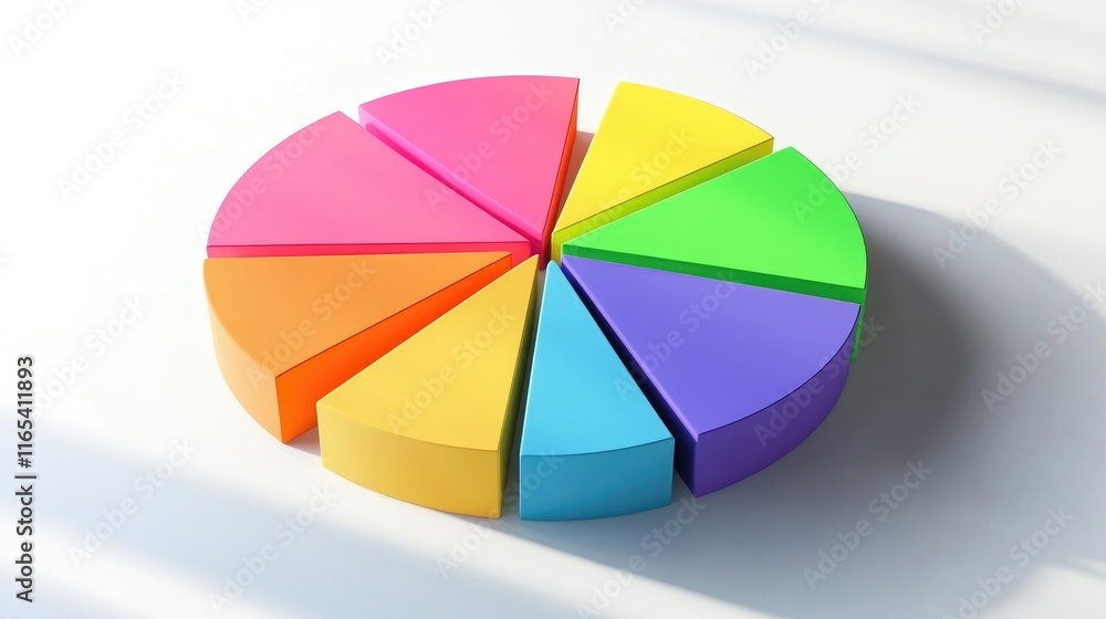 Poster colorful d pie chart with segmented slices in bright shades, placed on a white surface with shadow e