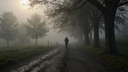 Obraz premium a silhouette of a man walking on a path with mist and fog background