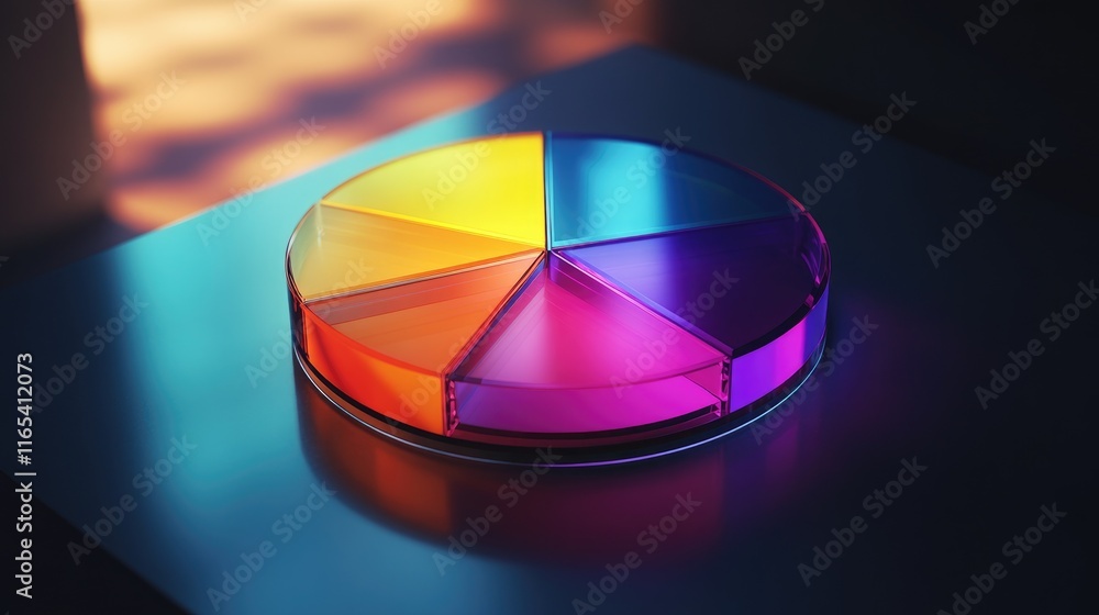 Poster dynamic d pie chart with glass segments of various colors, standing on a matte surface with shadows,