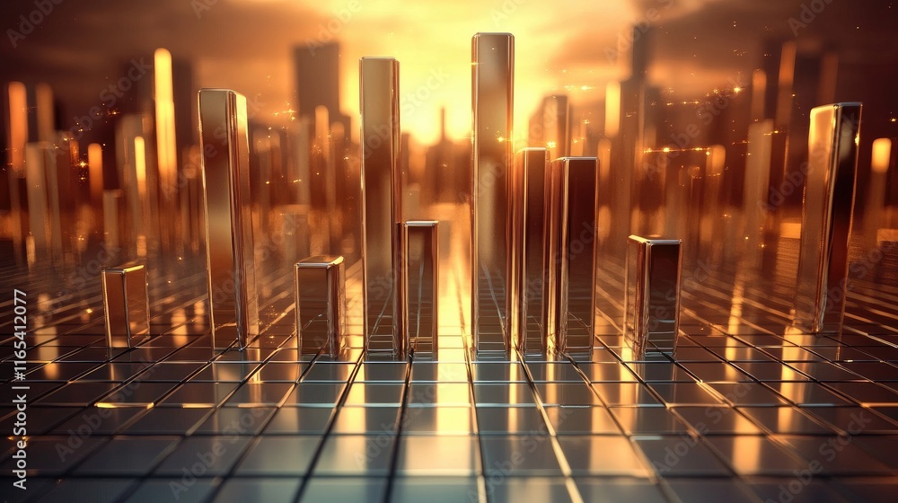 Poster dynamic d bar graph with metallic bars on a grid floor, with warm lighting reflecting off the bars, 