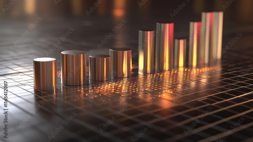 Poster dynamic d bar graph with metallic bars on a grid floor, with warm lighting reflecting off the bars, 