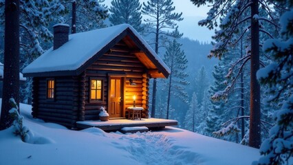 A lovely log cabin situated in the heart of a snowy forest setting