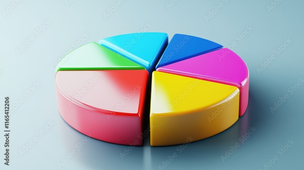Poster dynamic pie chart with vibrant segments in a d style, on a glossy surface, representing financial da
