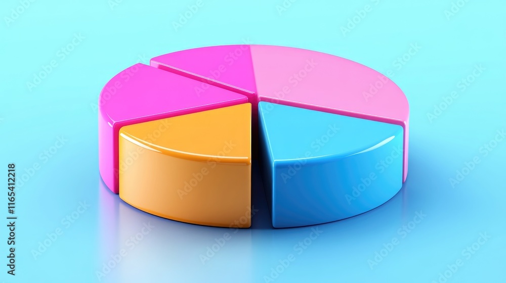 Poster dynamic pie chart with vibrant segments in a d style, on a glossy surface, representing financial da