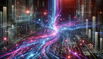 Fototapeta premium Futuristic Visualization of Data Transfer in the Metaverse with Glowing Light Streams - High-Resolution Digital Art in 16:9 Format