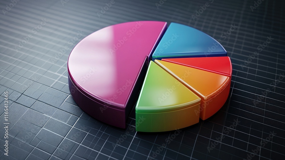 Aufkleber futuristic d pie chart with glossy segments in bright colors, floating over a dark grid background, 