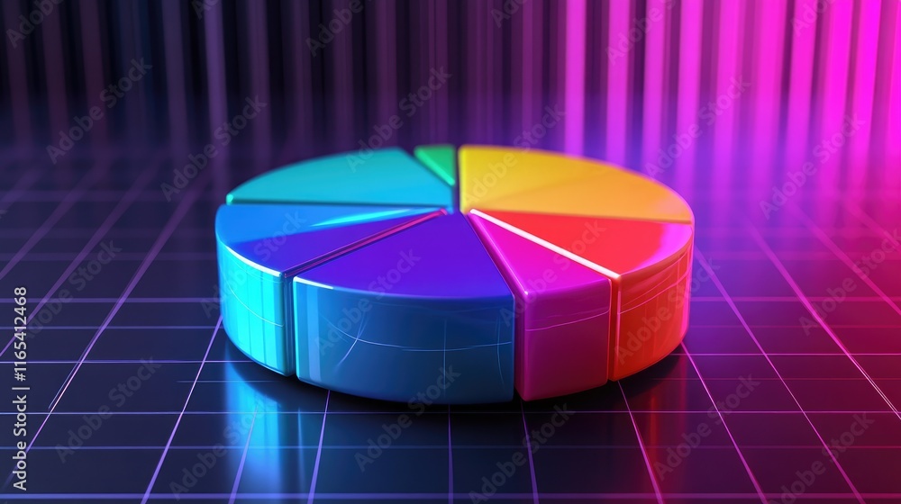 Aufkleber futuristic d pie chart with glossy segments in bright colors, floating over a dark grid background, 