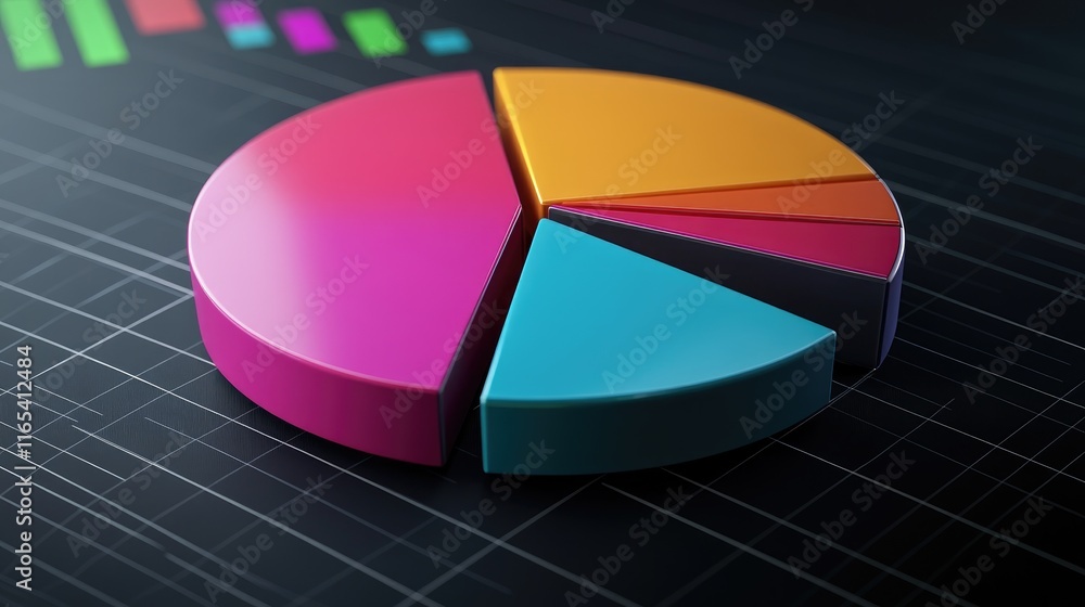 Aufkleber futuristic d pie chart with glossy segments in bright colors, floating over a dark grid background, 
